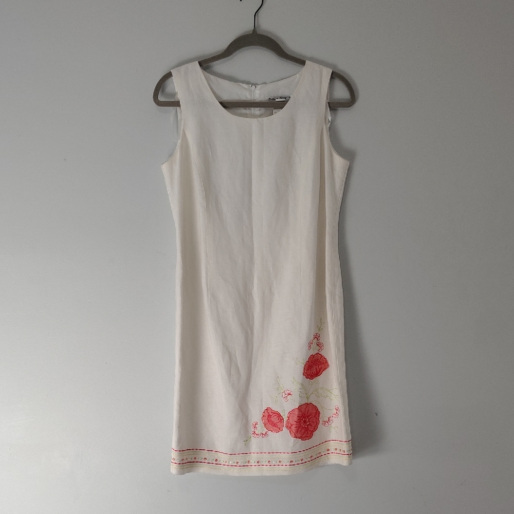 VTG Plaza South Linen Shift Dress 10P Spring Easter Summer Embroidered White